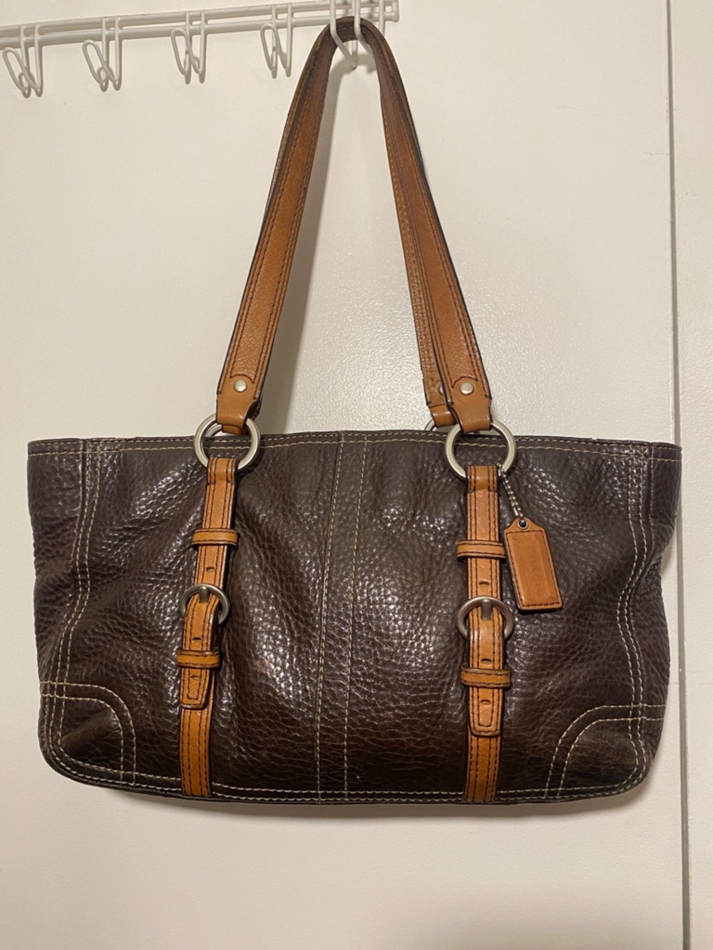 Coach Dark Brown Pebbled Leather Shoulder Bag with Tan Straps